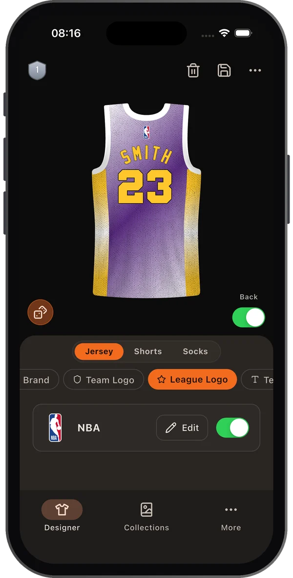 Back of a basketball jersey with SMITH 23 and the league logo toggle in the League Logo tab