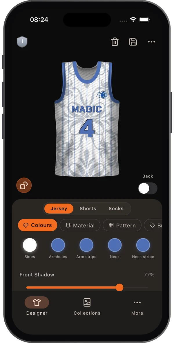 White and blue MAGIC 4 basketball jersey with a floral texture in the jersey designer