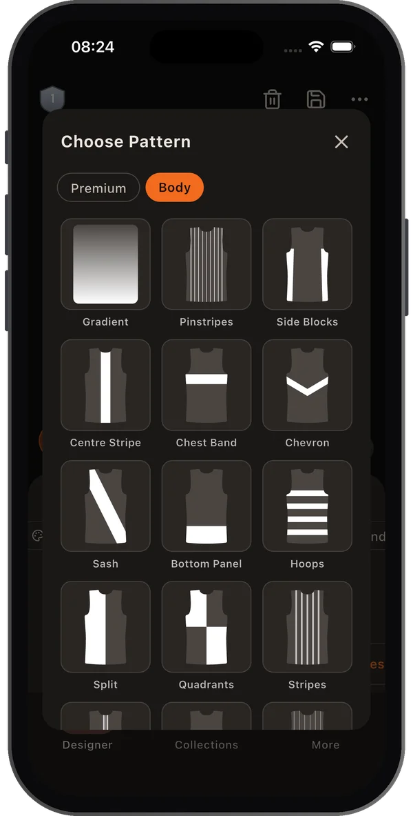 Pattern picker with pinstripes, side blocks, sash and chevron basketball jersey patterns